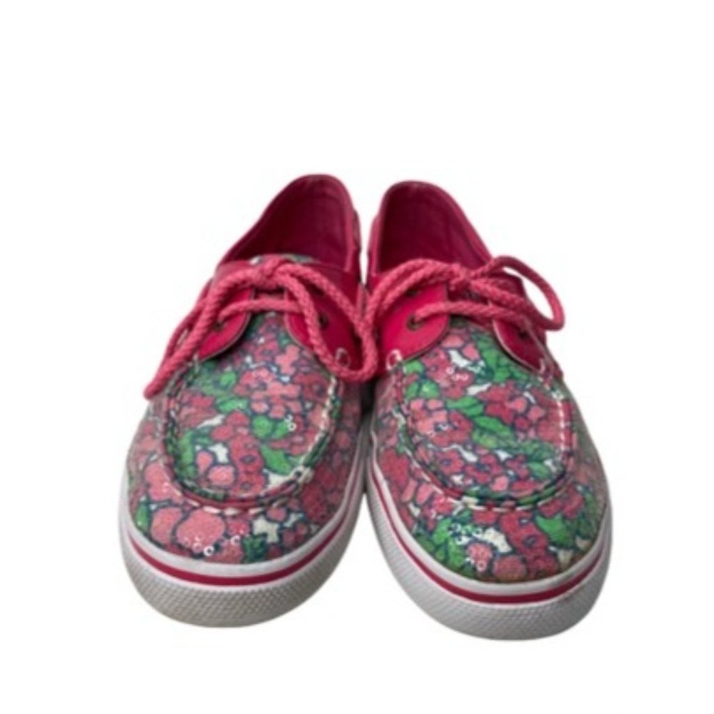 SPERRY Pink Floral Sequin Lace Up Loafer Size 4 Big girl